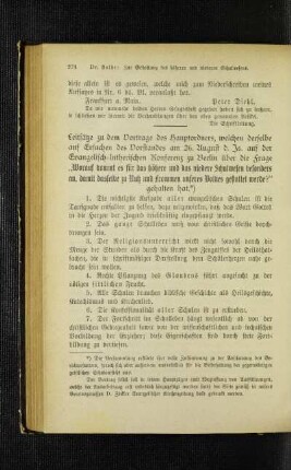Leitsätze zu dem Vortrage des Hauptordners, welchen derselbe auf Ersuchen des Vorstandes am 26. August d. Js. auf der Evangelisch-lutherischen Konferenz zu Berlin über die Frage "Worauf kommt es für das höhere und das niedere Schulwesen besonders an, damit dasselbe zu Nutz und Frommen unseres Volkes gestaltet werde?" gehalten hat.