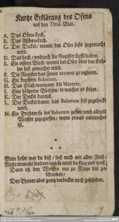 Kurtze Erklärung des Ofens auf den Titul-Blat.