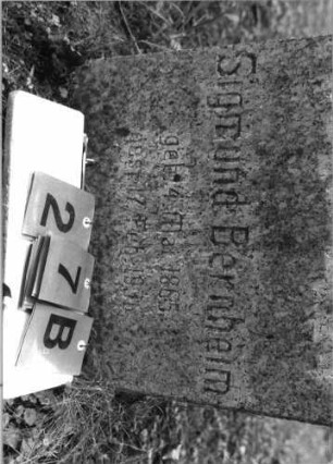 Grabstein 27 (Index: 99790125) Material: ? Zustand: zerbrochen und repariert, Schrift rot Maße HxBxT: 116x44x13 cm Symbolik: Davidstern: Grabstein 27B