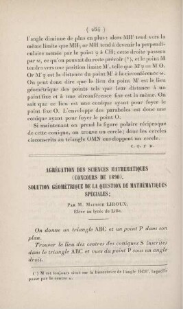Agrégation des sciences mathématiques (concours de 1890). Solution géométrique de la question de mathématiques spéciales.