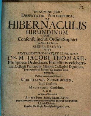 Dissertatio Philosophica, De Hibernaculis Hirundinum