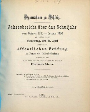 Jahresbericht : über das Schuljahr von Ostern ... bis Ostern ... 1885/86