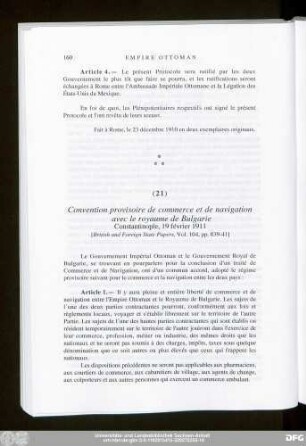 (21) Convention provisoire de commerce et de navigation avec le royaume de Bulgarie Constantinople, 19 février 1911