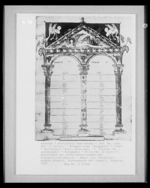 Evangelistar — Kanontafel mit Architekturrahmen und Evangelistensymbolen, Folio 5 recto