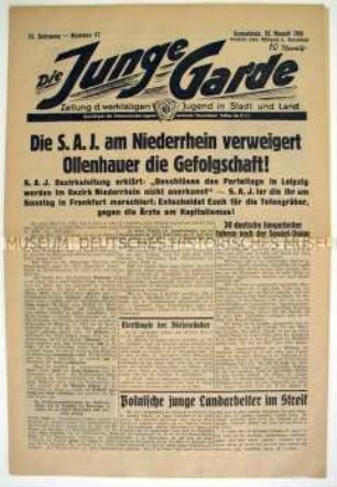 Wochenzeitung des KJVD "Die Junge Garde" u.a. zu Richtungskämpfen innerhalb der SAJ