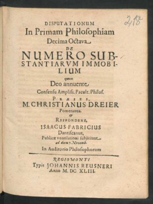 Disputationum In Primam Philosophiam Decima Octava De Numero Substantiarum Immobilium