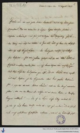 Donaueschingen, 12. August 1807: Brief von Joseph von Laßberg an Johann Leonhard Hug