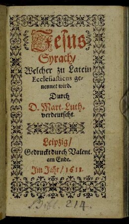 Jesus Syrach : Welcher zu Latein Ecclesiasticus genennet wird