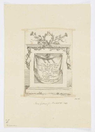 Sockel mit Vorhang, geschmückt mit Satyrköpfen, Pinseln, Paletten, Lorbeeren, Masken und Trompeten, Titelblatt aus: Annibale Carracci, "Vita di San Diego, Dipinta nella Cappella di Saint Giacomo de Spagnuoli in Roma", Rom 1646
