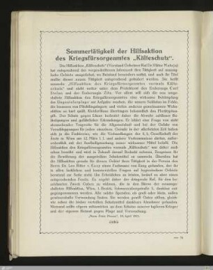 Sommertätigkeit der Hilfsaktion des Kriegsfürsorgeamtes "Kälteschutz"