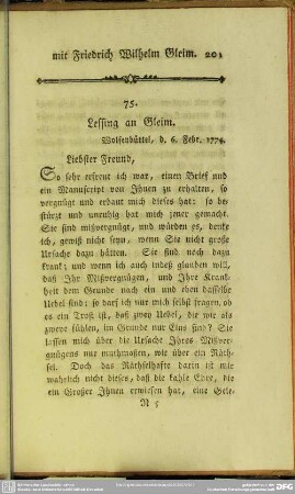 75. Lessing an Gleim. Wolfenbüttel, d. 6. Febr. 1774