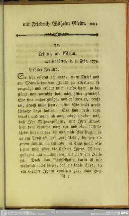 75. Lessing an Gleim. Wolfenbüttel, d. 6. Febr. 1774