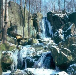 Langenhennersdorfer Bach. Wasserfall (9 m Höhenunterschied) an der Mündung in die Gottleuba. Ansicht von der Talseite