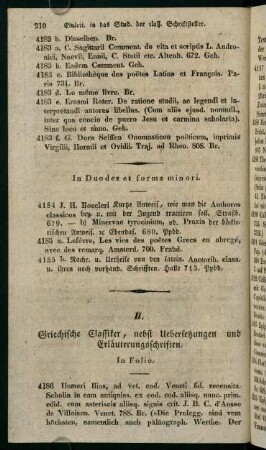 B. Griechische Classiker, nebst Uebersetzungen und Erläuterungsschriften.