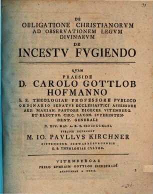De Obligatione Christianorvm Ad Observationem Legvm Divinarvm De Incestv Fvgiendo, [1]