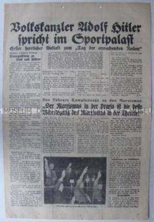 Sonderdruck mit Rede Hitlers im Sportpalast in Vorbereitung der Reichstagswahl am 5. März 1933