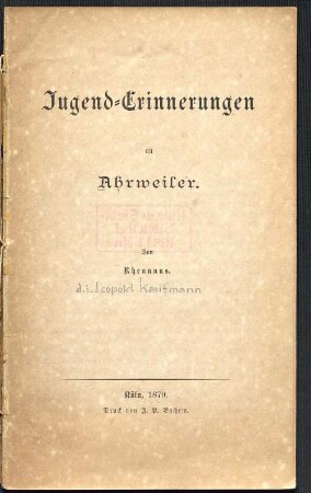 Jugend-Erinnerungen an Ahrweiler von Rhenanus