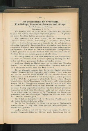Zur Beurtheilung der Fruchtsäfte, Fruchtsirupe, Limonaden-Essenzen und -Sirupe.