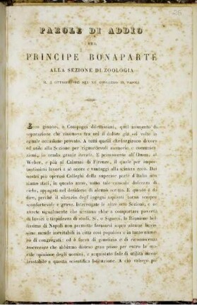 Parole Di Addio Del Principe Bonaparte Alla Sezione Di Zoologia : Il 3 Ottobre 1845 Nel Vii Congresso In Napoli