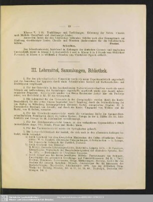 III. Lehrmittel, Sammlungen, Bibliothek
