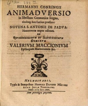 Animadversiones in libellum ... Novena S. Antonii de Padua