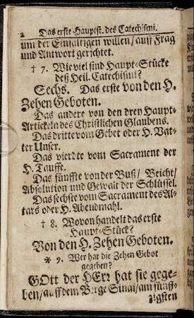 Wovon handelt das erste Haupt-Stück? Von den H. Zehen Geboten.