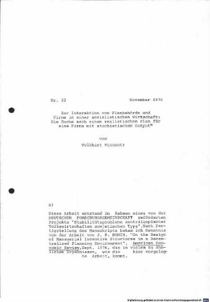 Zur Interaktion von Planbehörde und Firma in einer sozialistischen Wirtschaft : die Suche nach einem realistischen Plan für eine Firma mit stochastischem Output x