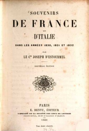 Souvenirs de France et d'Italie dans les années 1830, 1831 et 1832