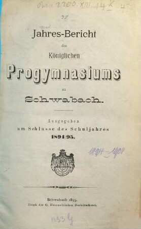 Bericht : über das Schuljahr .... 1894/95