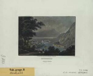 Ansicht von Unterseen Schweiz, Kupferstich, um 1840 : Unterseen : vers le Niesen / chez H. F. Leuthold, Editeur. - Zürich , [um 1840?]. - 1 Kunstbl. : Kupferstich ; 11 x 8 cm