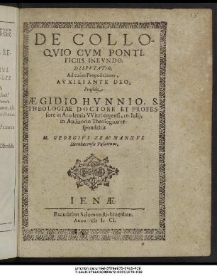 De Colloquio Cum Pontificiis Ineundo, Disputatio