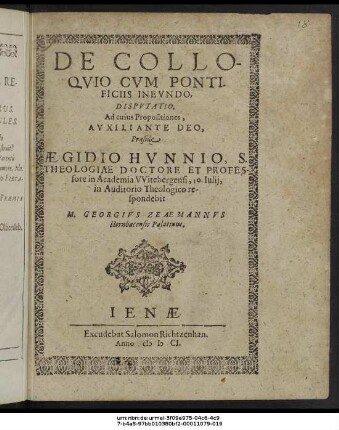 De Colloquio Cum Pontificiis Ineundo, Disputatio