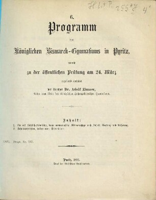 Programm des Königlichen Bismarck-Gymnasiums zu Pyritz : Ostern .... 1890/91