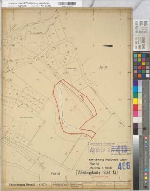 Meschede, Stadt (Meschede), Meschede, Land (Meschede), Remblinghausen (Meschede), Reiste (Eslohe), Enkhausen (Meschede), Calle (Meschede), Flurbereinigung Hennetal, Bl.13 Zuteilungskarte Meschede-Stadt Flur 14