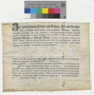 Lehnbrief der von Laffert, ausgestellt von Jobst Edmund Freiherr von Brabeck. Eigenhändige Unterschrift.