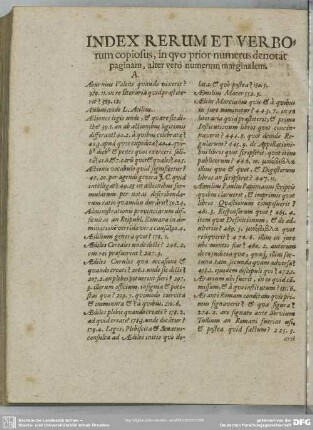 Index Rerum Et Verborum copious, in quo prior numerus denotat paginam, alter vero numerum marginalem