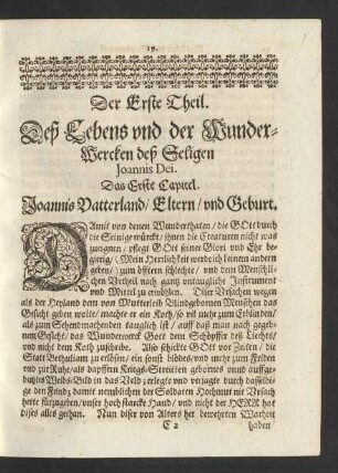 Der Erste Theil. Deß Lebens und der Wunder-Wercken deß Seligen Joannis Dei.