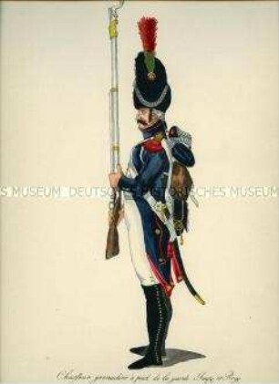 Uniformdarstellung, Jäger des Grenadier-Regiments zu Fuß der Kaiserlichen Garde, Frankreich, 1810. Tafel 12 aus: Les Gardes Imperiales et Royales de l'Armée Française.