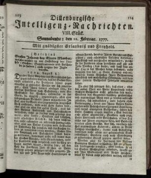 VIII. Stück. Sonnabends: den 22. Februar 1777.