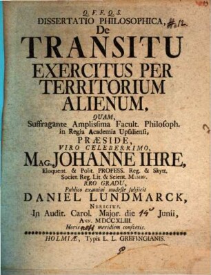 Diss. philos. de transitu exercitus per territorium alienum