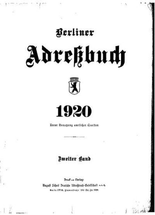 Berliner Adreßbuch 1920 Zweiter Band