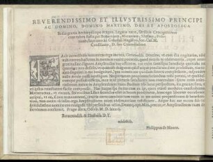 Dedikation an Martin Erzbischof von Prag. Martin Medeck aus Mähren. Erzbischoffsweihe 1581. Prag 10. Oktober 1587