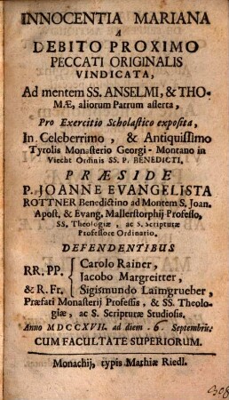 Innocentia Mariana a debito proximo peccati originalis vindicata