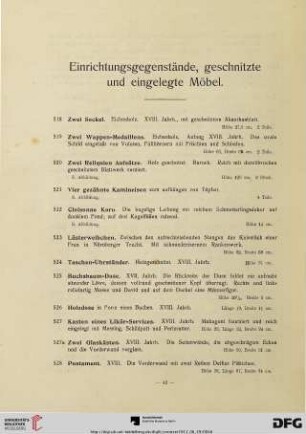 Einrichtungsgegenstände, geschnitzte und eingelegte Möbel (Nr. 518-633)
