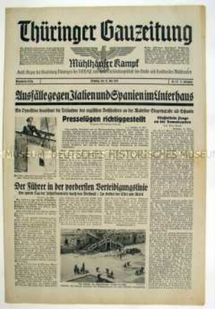 Regionale Tageszeitung der NSDAP "Thüringer Gauzeitung" u.a. zu einem Besuch Hitlers am "Westwall"
