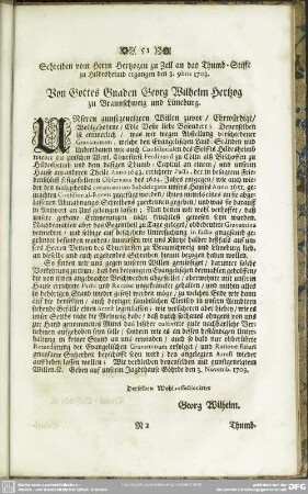 Schreiben von Herrn Hertzogen zu Zell an das Thumb-Stifft zu Hildesheimb ergangen den 3. 9bris 1703