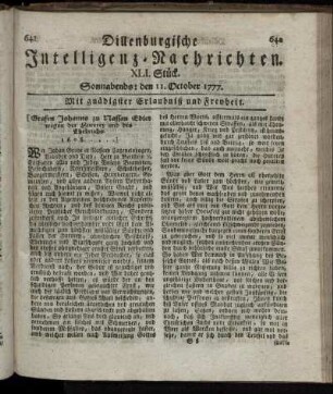 XLI. Stück. Sonnabends: den 11. October 1777.