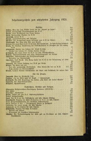 Inhaltsverzeichnis zum achtzehnten Jahrgang 1925