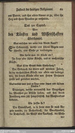 Das 9te Capitel. Von den Künsten und Wissenschaften überhaupt