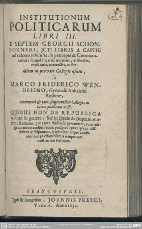 M. Frid. Wendelini Institutionum politicarum lib. 3